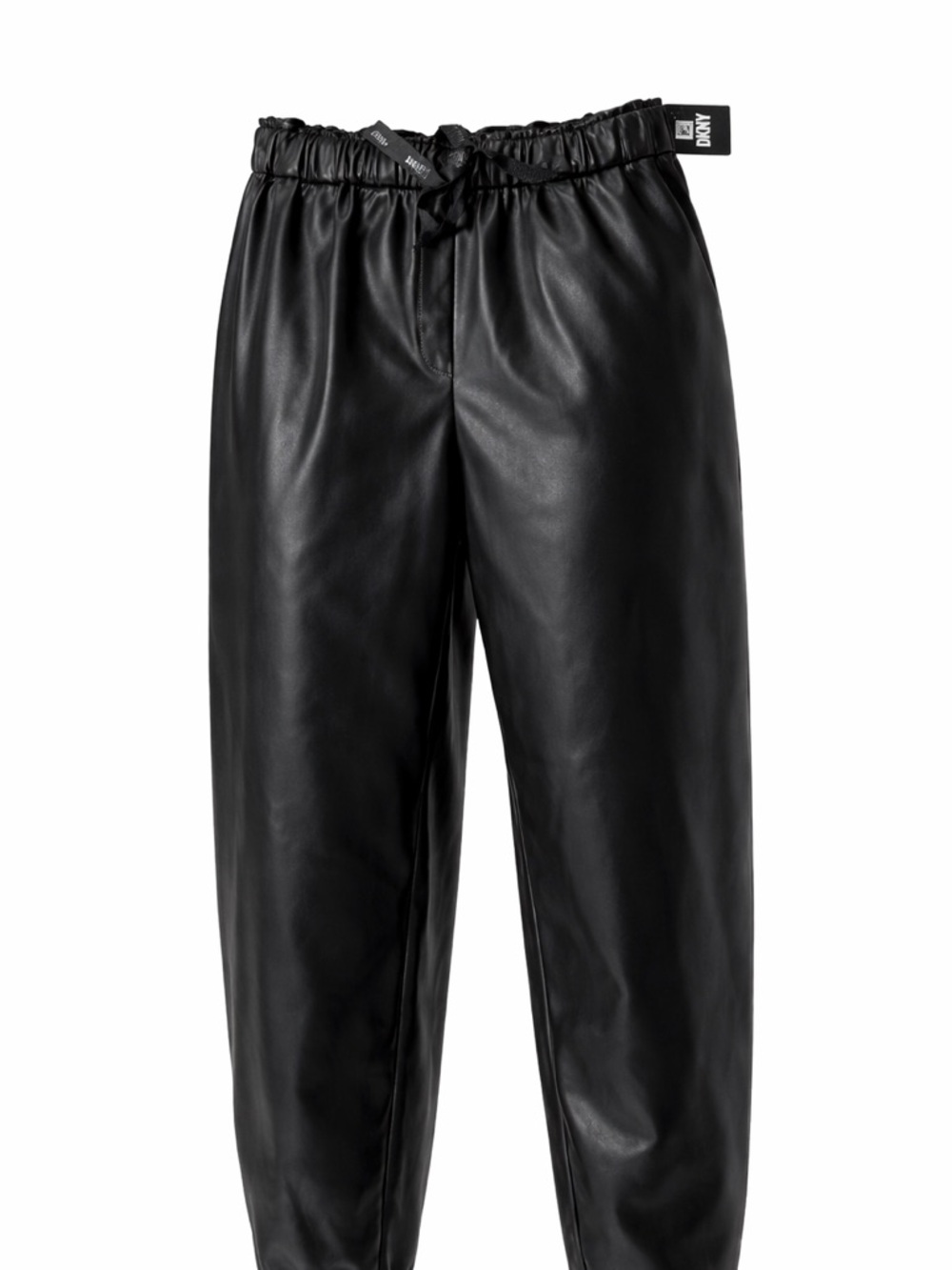 New with Tag $99 DKNY Black Faux Leather Jogger Pants with Drawstring Waist sz L